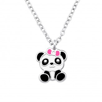 Dětský náhrdelník stříbrný "Panda s růžovou mašličkou". Ag 925/1000