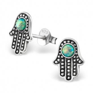 Stříbrné náušnice pecky "Symbol hamsa". opal. Ag 925/1000
